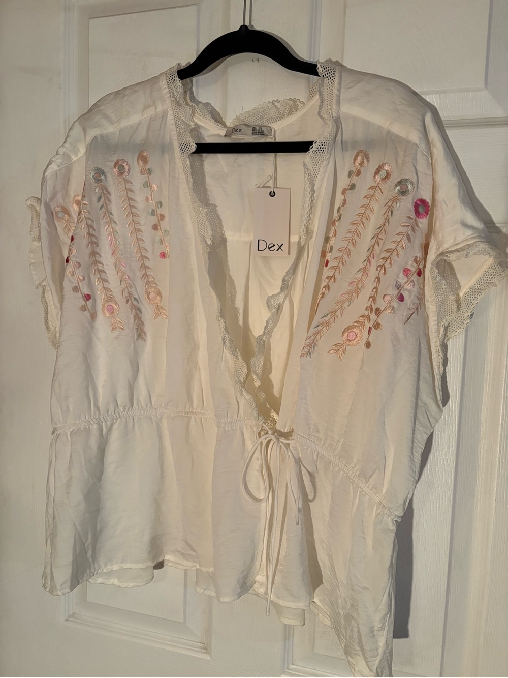 Dex White Embroidered Tie-Front Blouse with Pastel Floral Accents
